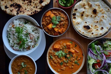 Indian lunch with paneer tikka dal makhani naan chutney and salad