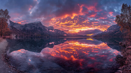 Fiery Sunset Reflections on a Mountain Lake Panorama