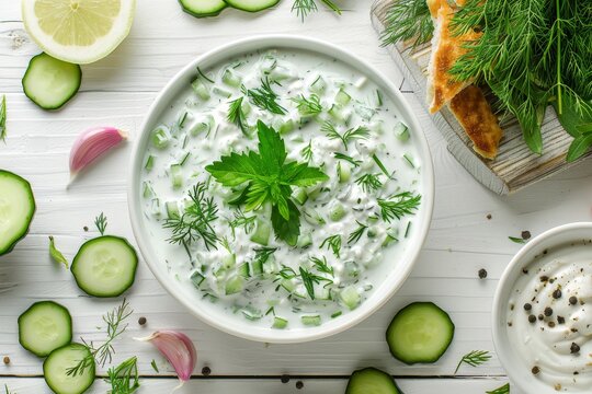 Indian raita with yogurt cucumber herbs Greek tzatziki on white background Greek Indian cuisine
