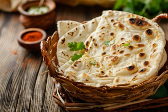 Indian tandoori breads served in a basket also known as flatbread or naan on a wooden background