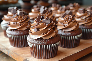 Dark chocolate mini cupcakes with chocolate ganache frosting and sprinkles - obrazy, fototapety, plakaty