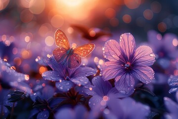 delicate violet flowers in drops of dew and butterflies against the background of sunrise
