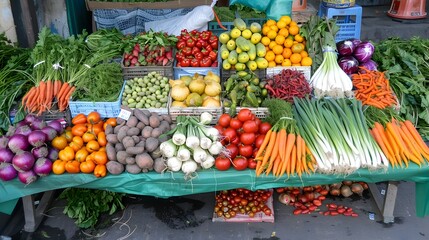 Vibrant Assortment of Fresh Produce on a Market Stall,Showcasing a Colorful Variety of Seasonal Fruits and Vegetables for Sale