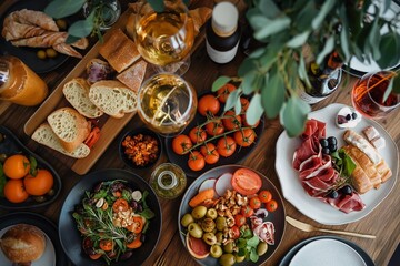 Top view of a wooden table filled with an array of Mediterranean dishes including bread, meats, wine, and salads creating a rustic feast