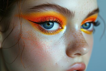 Woman with bright orange and yellow makeup