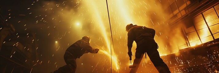 A dramatic image of workers engaged in metal cutting with sparks flying during a night operation