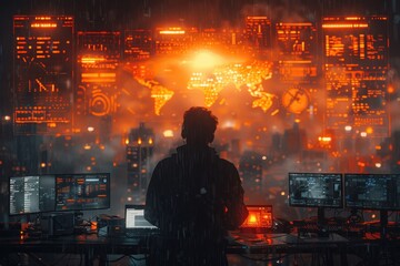 Fototapeta na wymiar Man standing in front of computer monitors