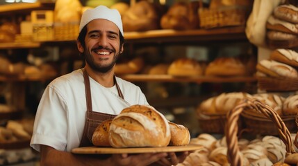Happy baker holding a tray of freshly baked bread in a bakery.