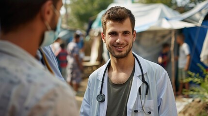 Young man volunteer doctor in refugee camp, providing critical healthcare and support amidst a humanitarian tragedy. Generative ai