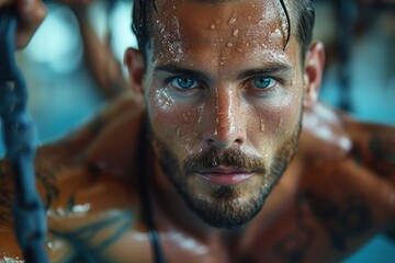 Intense fitness trainer with blue eyes and wet face