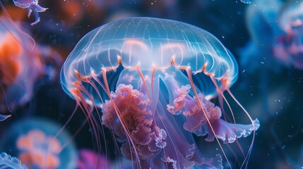 A beautiful jellyfish with long, flowing tentacles. Its body is transparent, and you can see the delicate details of its internal organs.