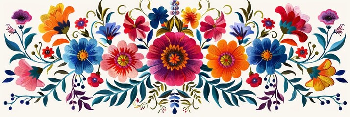 Fototapeta na wymiar Brightly colored traditional Mexican floral embroidery design
