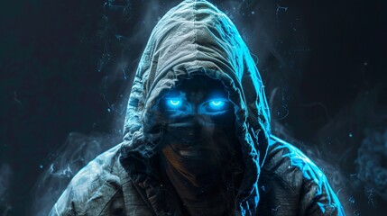 Illustration depicting a hooded digital hacker his presence aglow with neon blue highlighting the stealth in technology