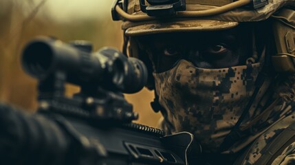 Close-up of a soldier in camouflage, helmet, and mask, focusing intently as he aims his rifle, captured in sharp 4k - obrazy, fototapety, plakaty