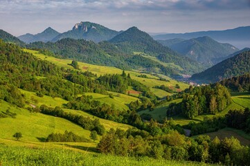 Fototapeta premium Spring green landscape with lush meadows, hills and forest. Beautiful Polish landscape. View on Pieniny and Gorce mountain range in Beskids in Poland.