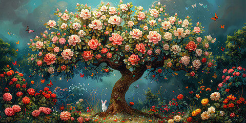 Magnolia Tree in Bloom with Doodle Rabbit amongst Roses