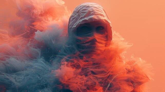   A man in a hooded jacket is surrounded by red and blue smoking vapor He holds a cigarette between his lips and a lighter in his mouth, preparing to ignite it