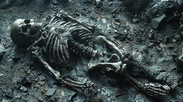   A skeleton lies in the midst of a dirt and rock expanse, surrounded by scattered rocks and disturbed earth
