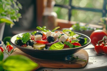 Italian salad with vegetables olives Parmesan Vintage setting