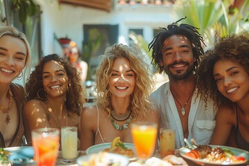 a group of people are sitting at a table with plates of food and drinks - obrazy, fototapety, plakaty
