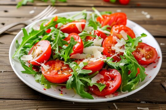 Italian salad with tomatoes rucola Parmesan olive oil on white plate wooden table