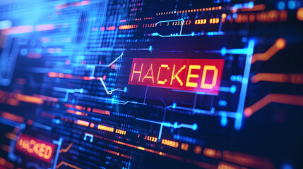 System hacking with info message Hacked in screen, Background with a code on a blue background , virus warning, Cybersecurity, cybercrime , Technology computer network , virus programming  