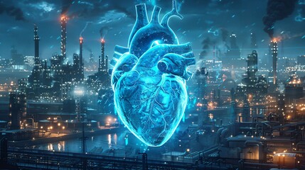 Illustration depicting the heart of a refinery pulsing with blue technological advancements and innovations