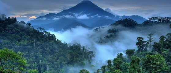   A mountain shrouded in fog and clouds, forest in foreground, mountain range behind