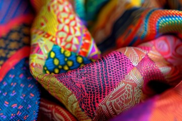 Vibrant Multicolored African Textiles in Close-Up View - Cultural Fabric Patterns - obrazy, fototapety, plakaty