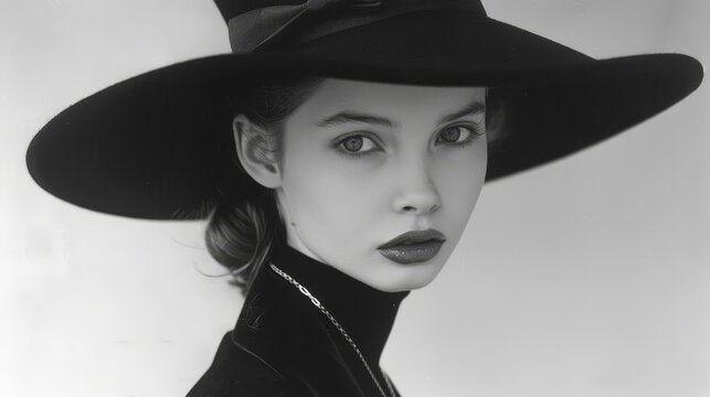   A monochrome image of a woman donning a black hat adorned with a bow on its side