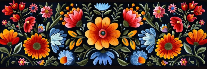 A detailed display of Mexican floral embroidery, perfect for cultural publications - obrazy, fototapety, plakaty