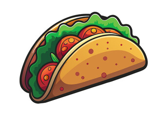 Colorful and lively hand-drawn cartoon illustration of a delicious and savory beef taco. A traditional and iconic mexican street food. Wrapped in a tasty tortilla. Perfect for lunch or dinner