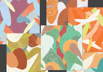Seamless Pattern Set with Organic Grunge Textured Overlapping Oval Wavy Shapes and Lines