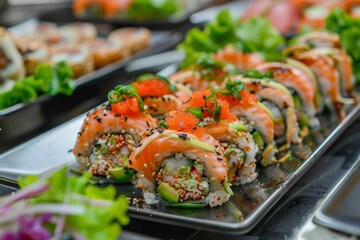 Japanese style Kani salad maki sushi roll at the restaurant - obrazy, fototapety, plakaty