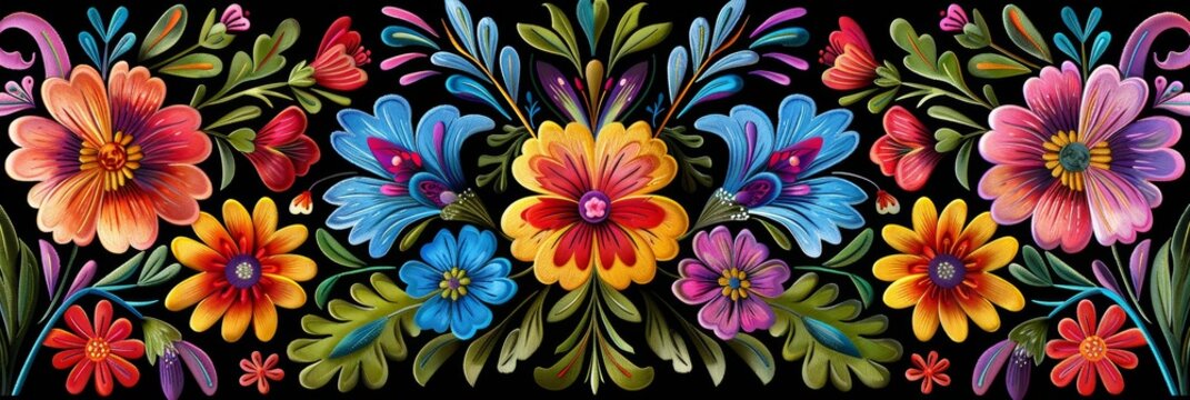 This vibrant digital artwork of Mexican folk embroidery, featuring colorful floral patterns