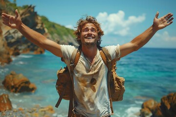 Man, backpack, rocky beach, arms outstretched, sky, lake, happy gesture, leisure - obrazy, fototapety, plakaty