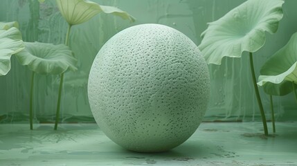   A large, pristine white egg atop a table Surrounding it are lush, leafy green plants and floating water lilies