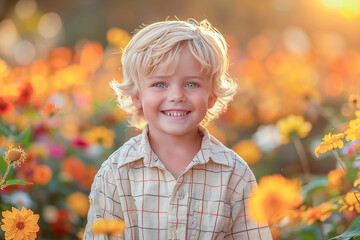 Joyful boy in flower field at sunset