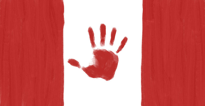 First of july canadian flag with a painted hand, national symbol of Canada with texture of brush strokes and a handprint, dominion day national day of canada