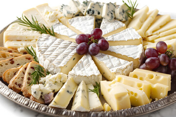 An array of different cheeses served on a metal tray. Alongside the different cheeses, the tray also has bread and grapes. The illustration is on a white backround