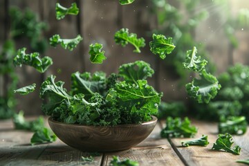 Kale salad on wooden background with flying slices Selective focus