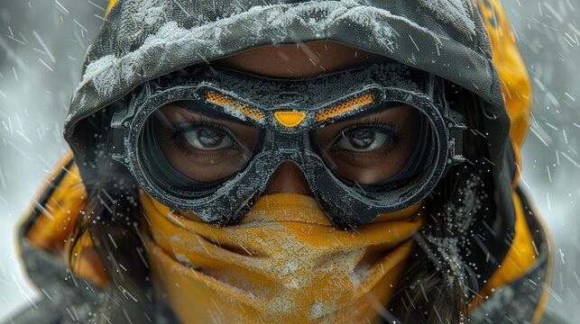   A tight shot of a skier, eyes shielded by ski goggles, mouth protected by a face mask, amidst falling snow