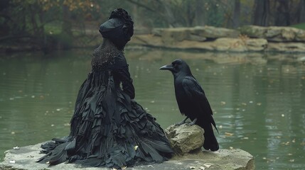   Two black birds perched together on a rock by the water's edge