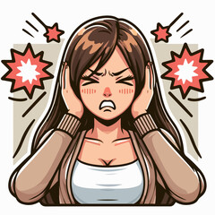 Vector woman covering ears with hand cartoon illustration