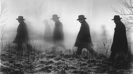   A black-and-white image of a crowd in long coats and hats traversing a misty field - obrazy, fototapety, plakaty