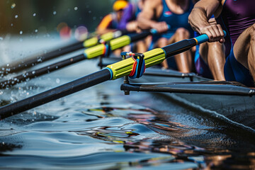 Competitive rowing team in race