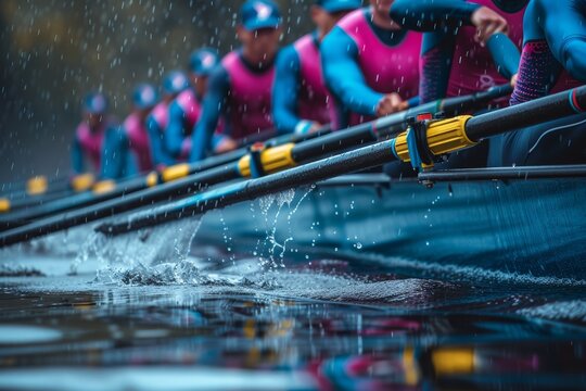 Rowers in pink and blue rowing in the rain