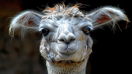 Obraz premium A tight shot of a llama's face gazing into the camera with a hazy expression