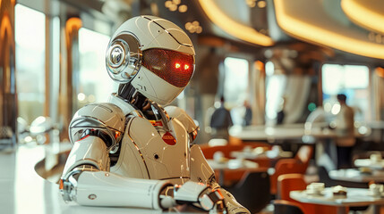 Futuristic robot waiter helps in customer service in modern cozy cafe. The robot stands in thought. Cozy atmosphere, blurred background with bokeh.