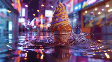   A solitary ice cream cone atop a city street's nighttime puddle..Or:..An ice cream cone perched on a city street's nighttime p - obrazy, fototapety, plakaty